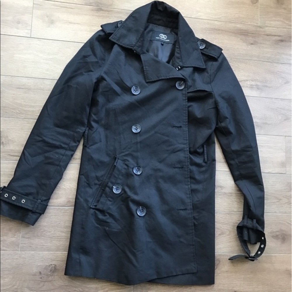 Tart collection Black Trench Coat Jacket Women Size S Pockets Double Button Down